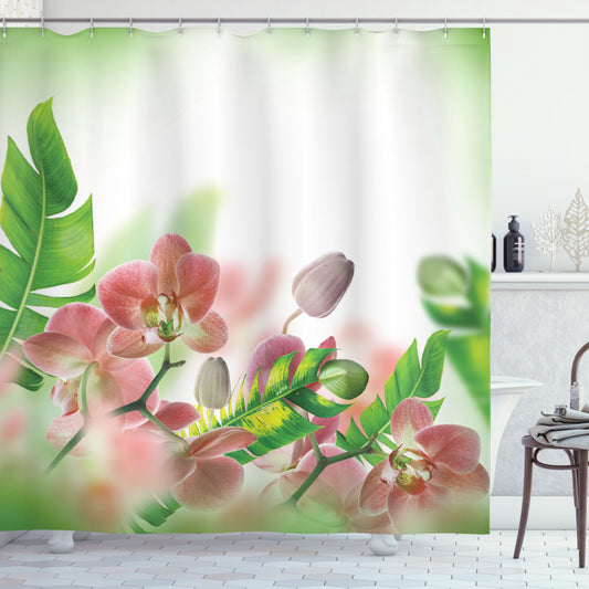 Tropical Peach and Green Orchid Blossom Leaves Shower Curtain