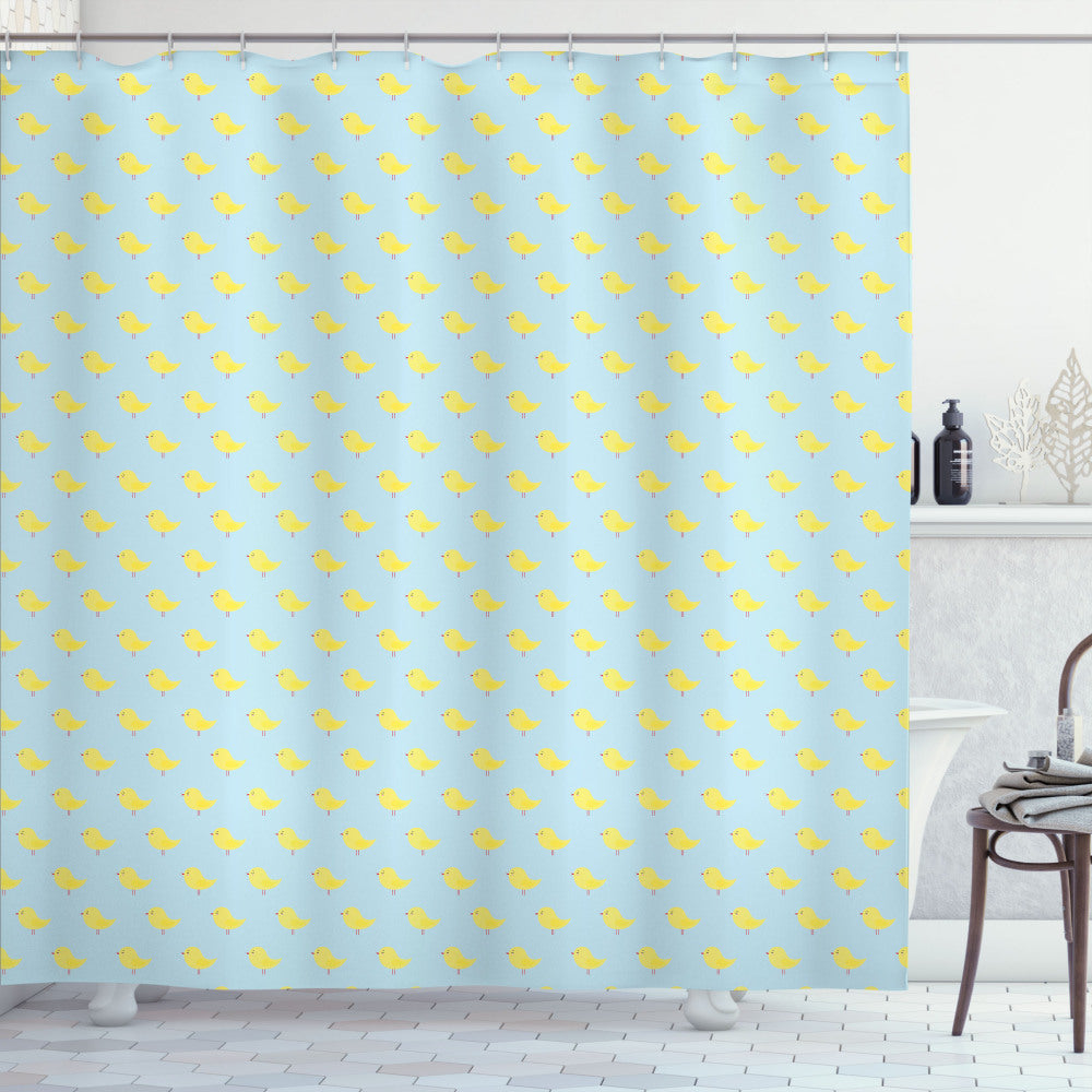 Vibrant Shower Curtains: Yellow Bird, Baby Blue, Pastel Yellow, and Dark Pink Tiny Chickens