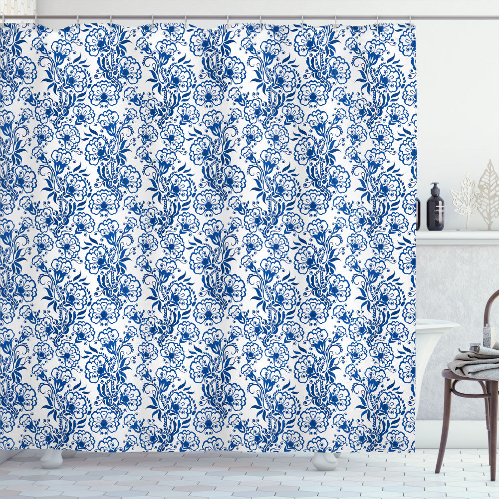 Blue and White Russian Gzhel Style Flora Cobalt Blue Shower Curtain