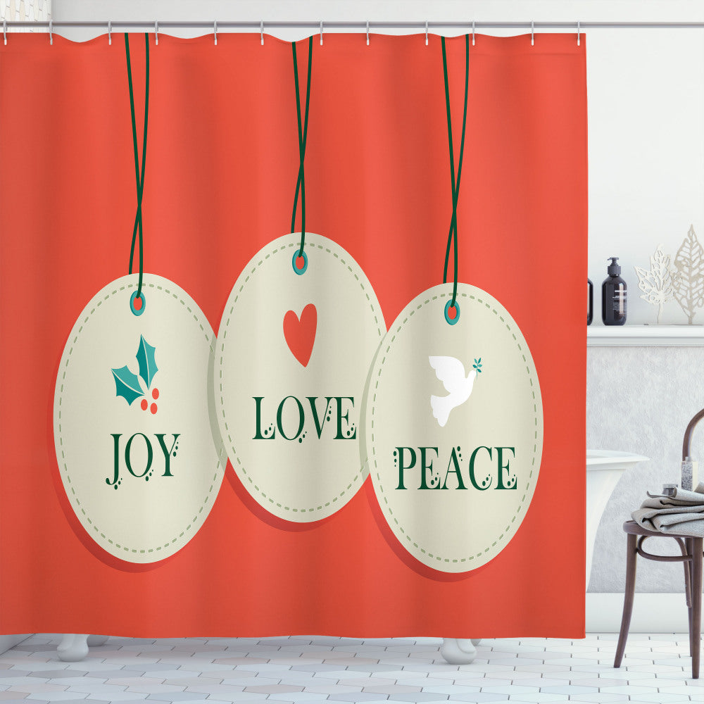 Christmas Bath Curtain in Vermilion and Cream - Experience Joy, Love, and Peace in Your Bathroom