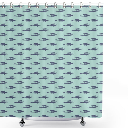 Vintage Propeller Airplane Design in Slate Blue and Seafoam - Shower Curtain