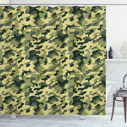 Camouflage-Inspired Pale Clothing Motif Shower Curtain in Shades of Yellow and Green