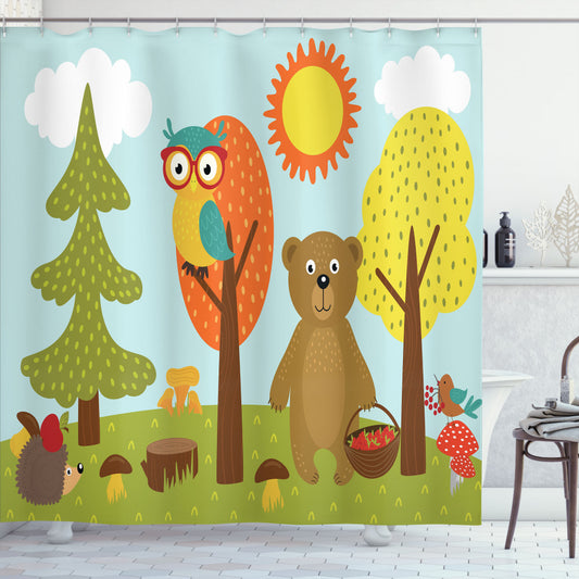 Adorable Nursery Bath Curtain Featuring Childish Forest Animals in Multicolor Design