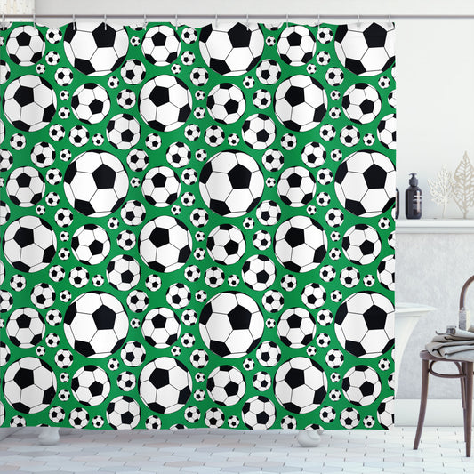 Trendy Sports-themed Shower Curtain in Soccer Colors: White, Black, and Green