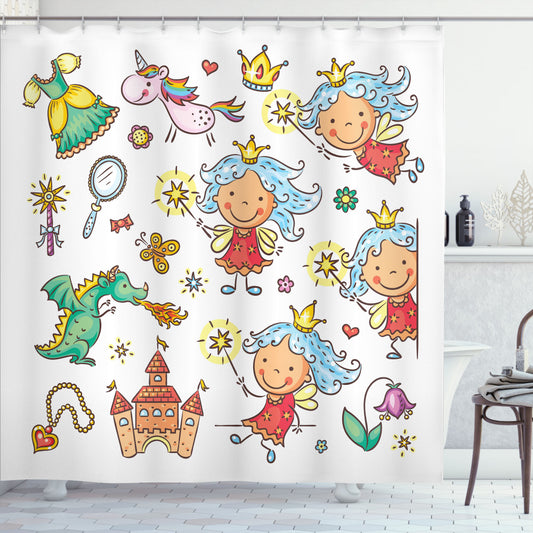 Cartoon Princess Motif Multicolor Fairy Design Shower Curtain