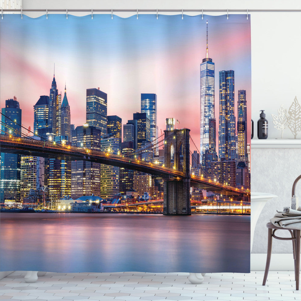 Blue New York Sunrise at Brooklyn Bridge Shower Curtain