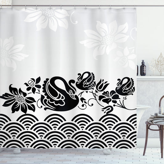 Swan-inspired Black and White Floral Shower Curtain