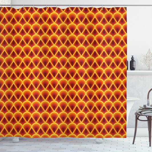 Vintage-inspired Symmetrical Drop Shapes in Dark Orange, Maroon, and Yellow: Elevate Your Bathroom with our Shower Curtains