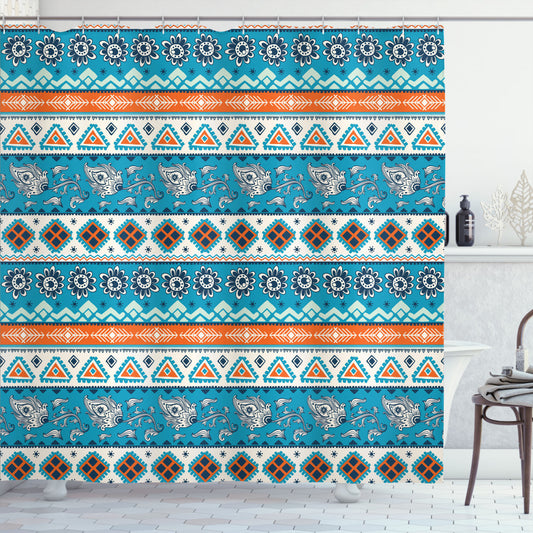 Tribal Aztec Art Pattern Floral Shower Curtain in Orange, White and Blue