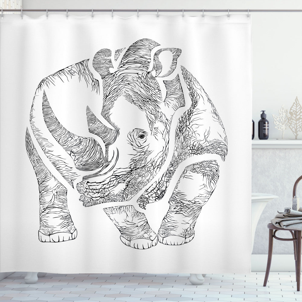 African Graphic Rhino Bath Shower Curtain in Charcoal Grey and White