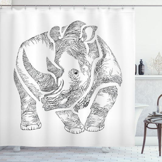 African Graphic Rhino Bath Shower Curtain in Charcoal Grey and White