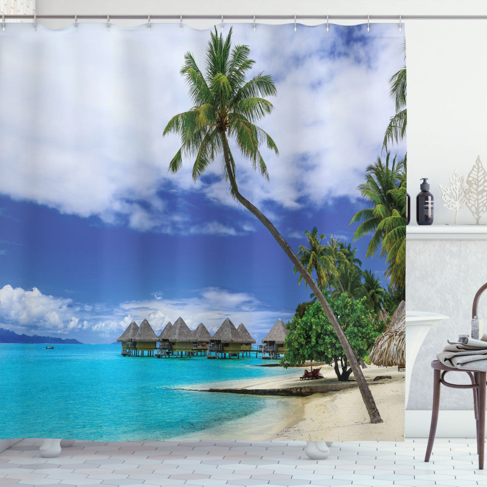 Tropical Island Vibes: Exquisite White, Green, and Blue Pacific Ocean-Inspired Shower Curtain