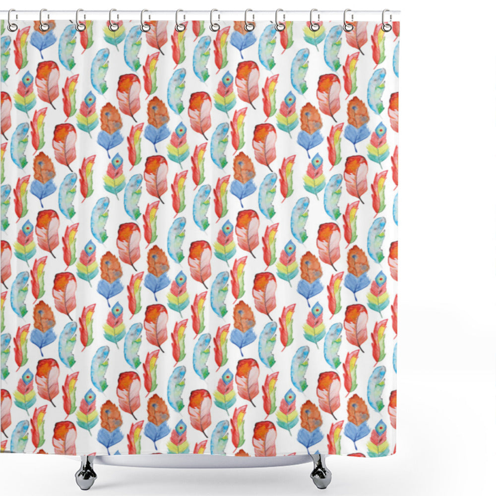 Vintage Feather Style Shower Curtain in Orange, Green, and Blue