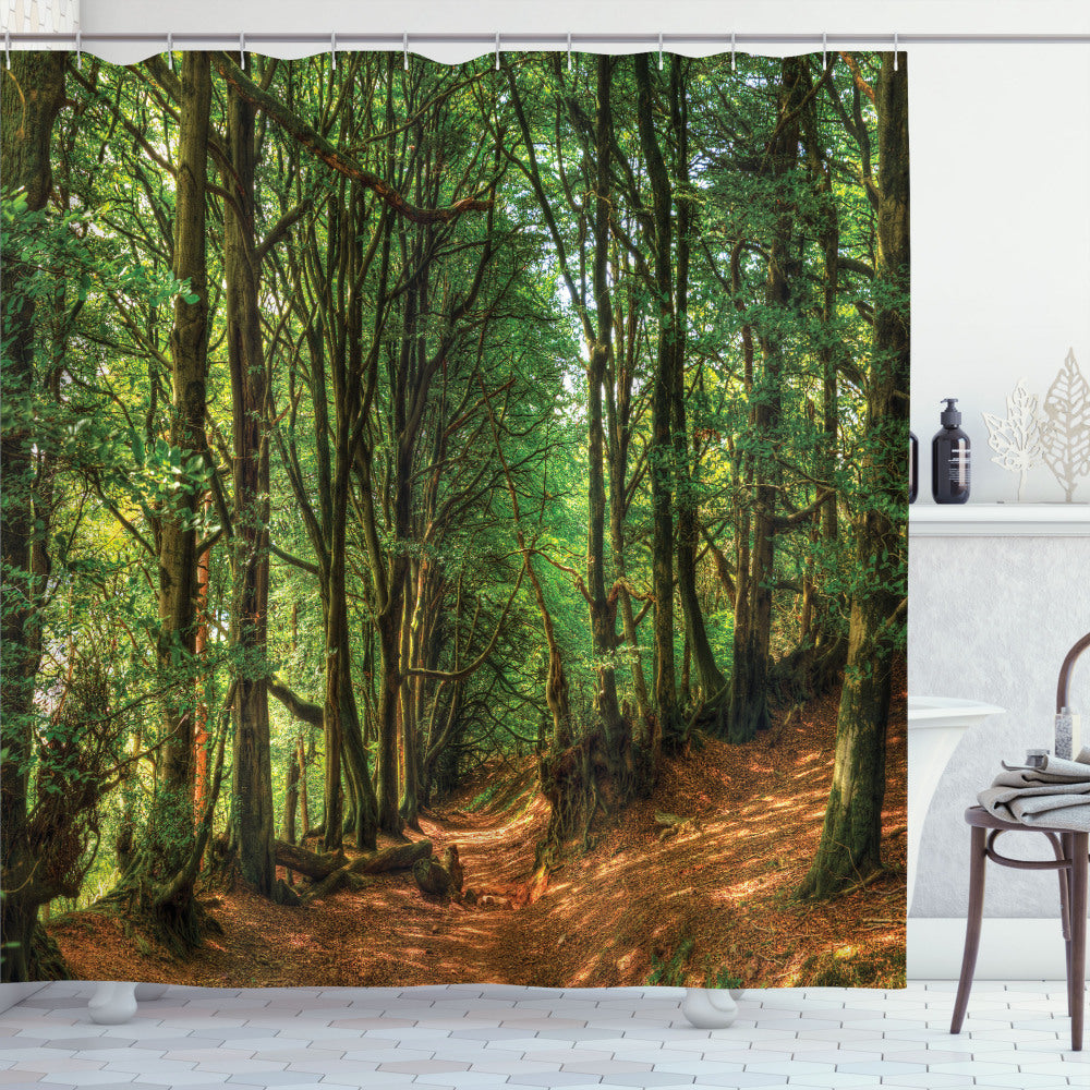 Woodland Green Brown Pathway Scene Shower Curtain