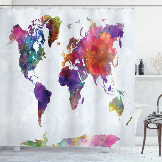 Watercolor Multicolor World Map Shower Curtain