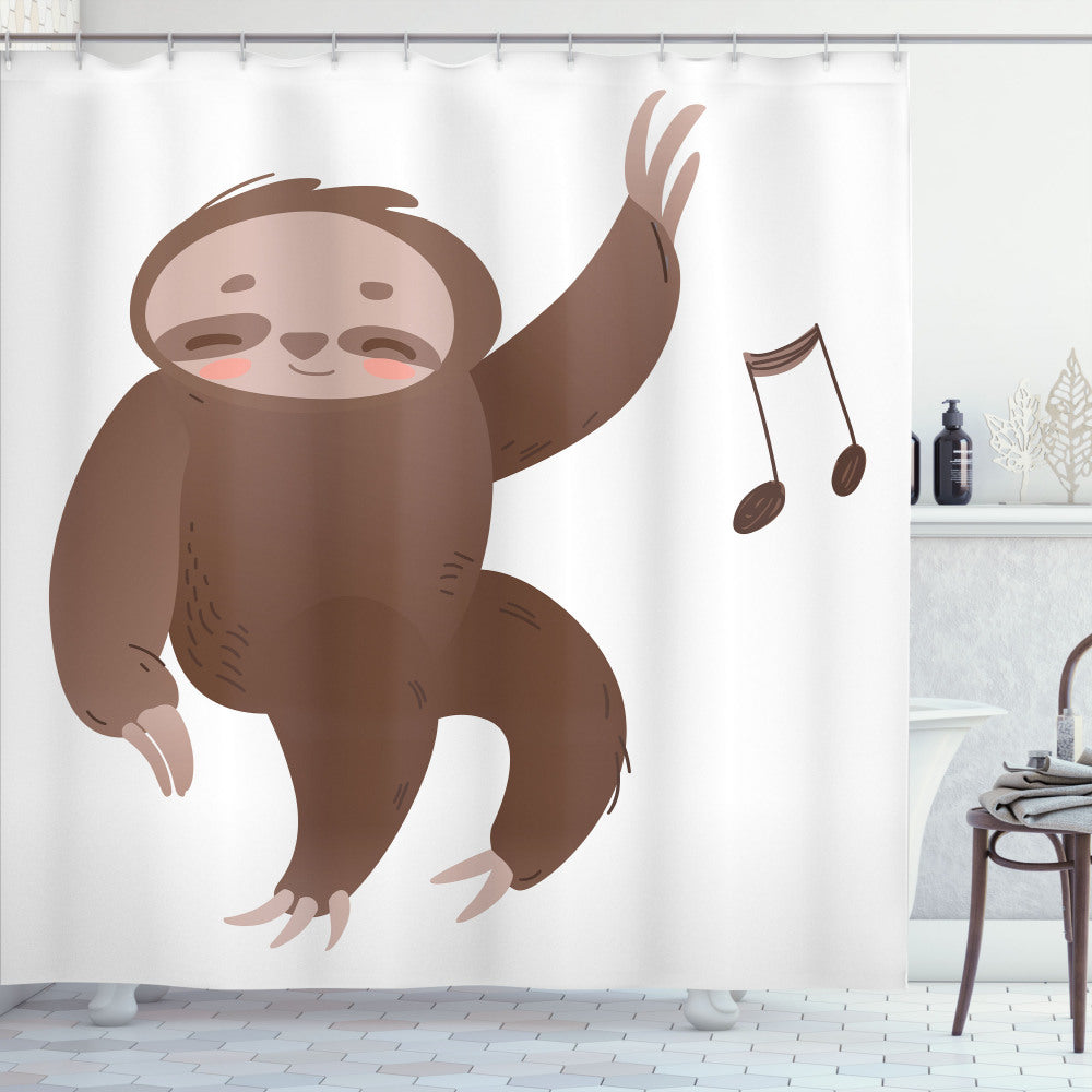 Whimsical Sloth Dancing to Cartoon Music: Funny Bath Curtain in Umber, Brown, Pale Salmon, and Blush Tones