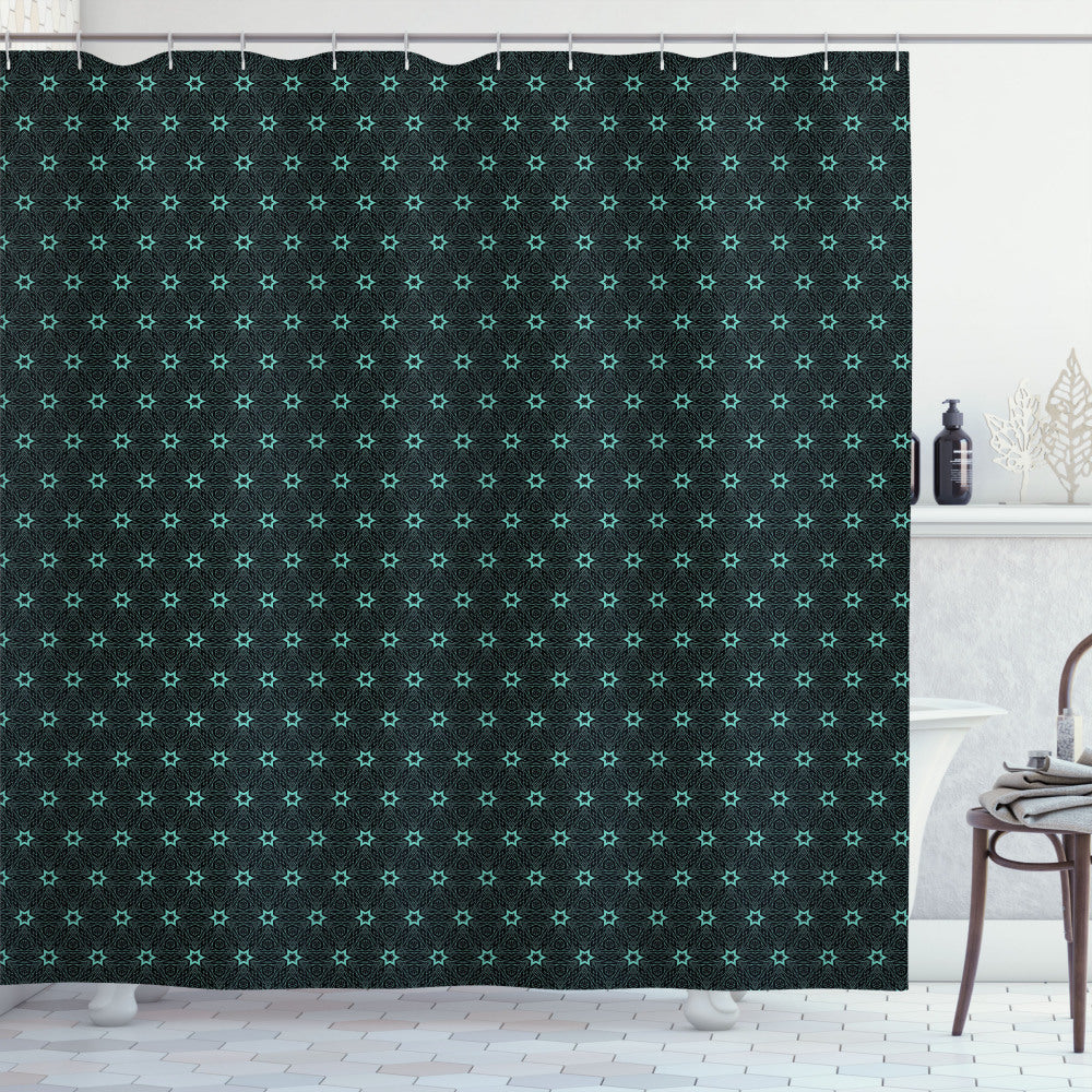 Turquoise and Black Triangle Lines Shower Curtain with Star Designs