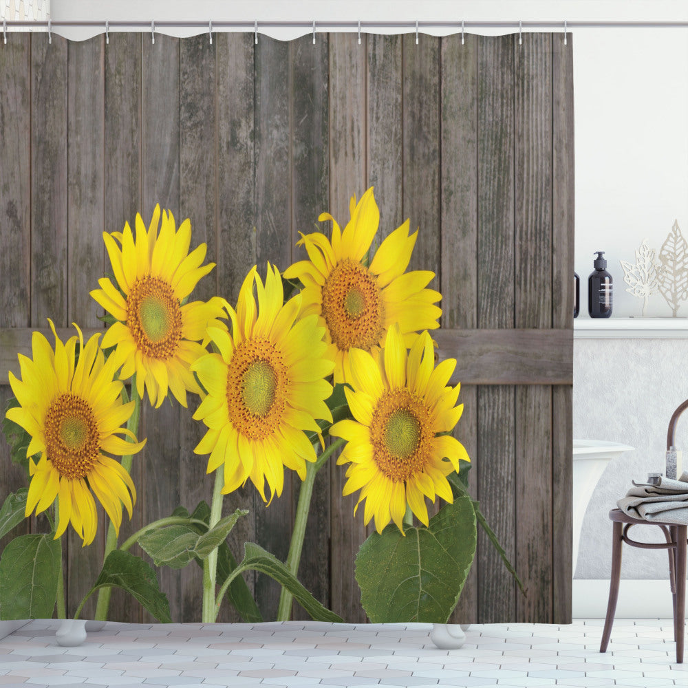 Vibrant Helianthus Sunflowers Shower Curtain in Yellow, Green, and Brown