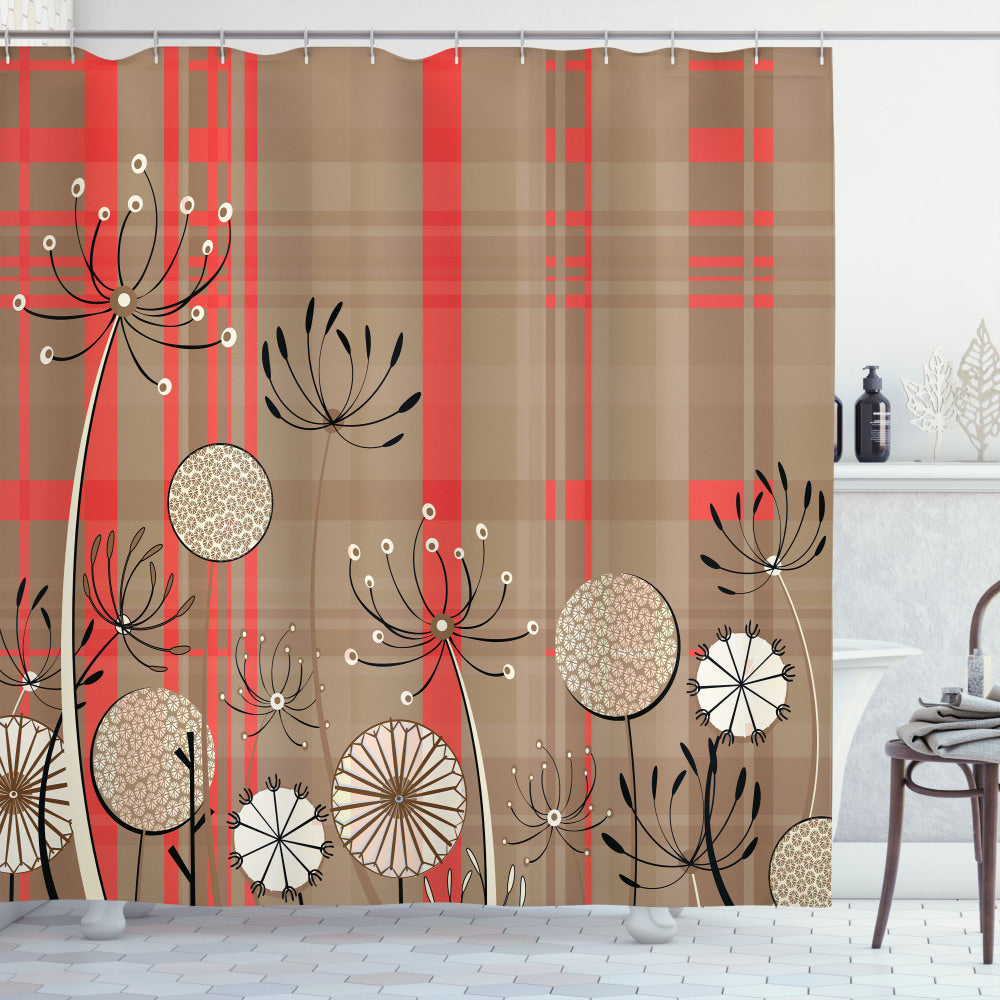 Vintage Botanical Art Inspired Shower Curtain in Dark Salmon, Umber, Charcoal Grey, and Cream Tones