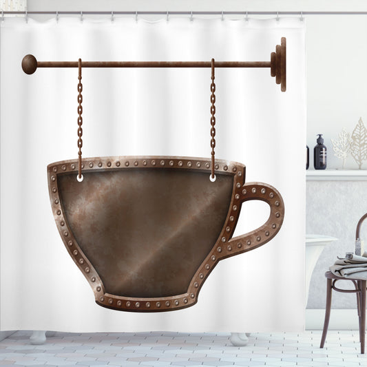 White and Umber Rusty Cup Coffee Design Shower Curtain Signboard