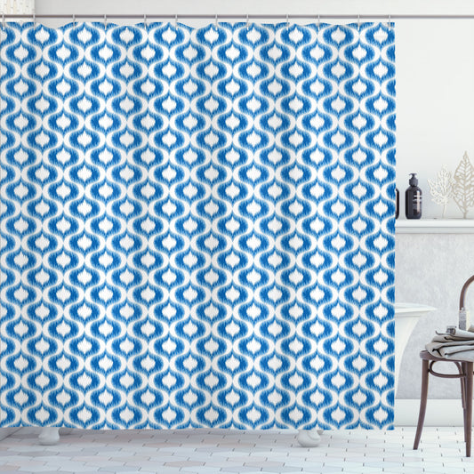 Abstract Vintage Ogee Ikat Design in White and Blue - Shower Curtain