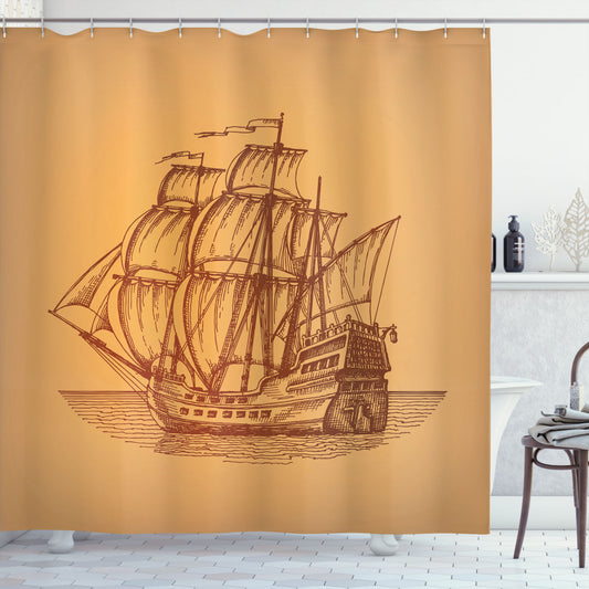 Vintage Marine Frigate Art Inspired Shower Curtain in Earthy Brown Tones