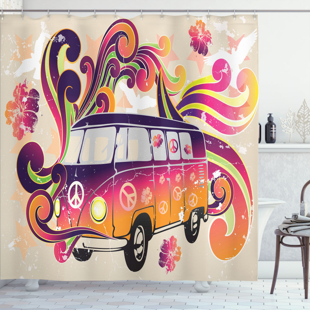 Boho Multi-color Coral Purple Green Peace Van Funny Shower Curtain