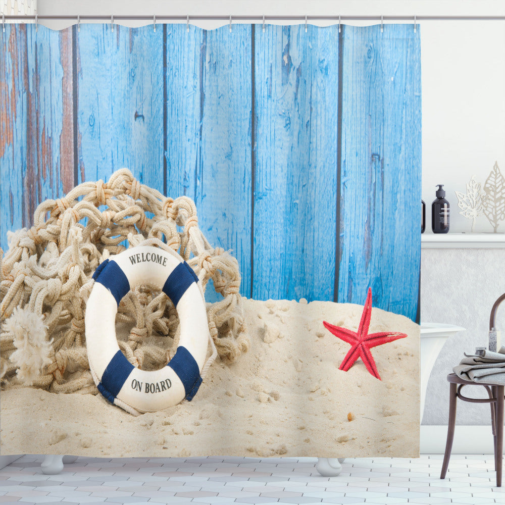 Buoy and Eggshell Blue and Red Beach Coastline Welcome Shower Curtain