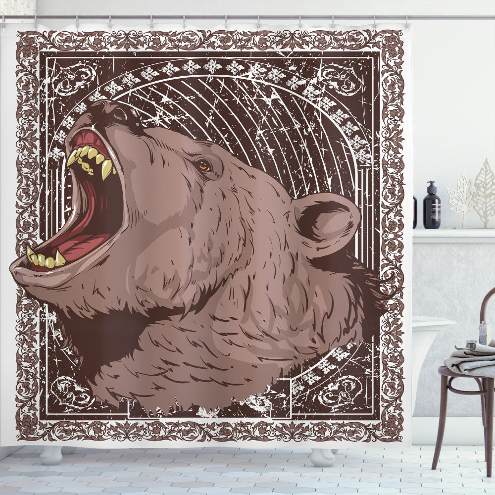 Animal Print Growling Grizzly Bear Shower Curtain in White and Brown