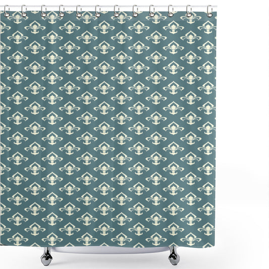 Vintage Lily Motif Fleur De Lis Shower Curtain in Slate Blue and Cream Color Palette