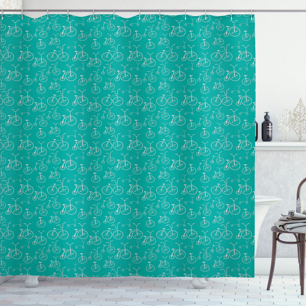 Vintage Bicycle Pattern in Dark Seafoam and Pale Grey - Shower Curtain