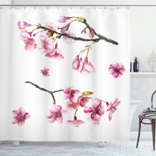 Watercolor Floral Design in Green and Pink on Bath Curtain