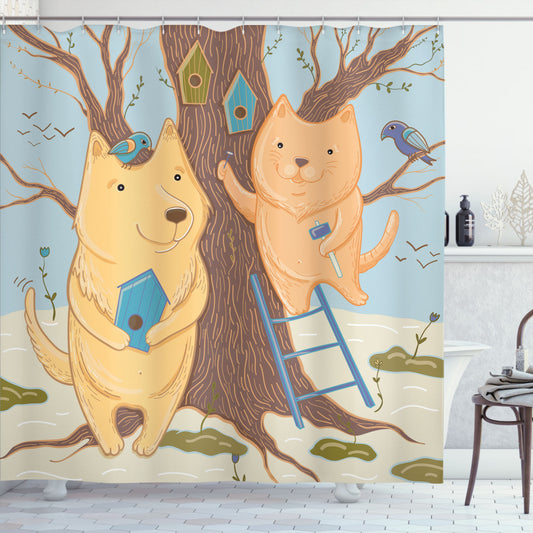 Bear Couple in Tree Birdhouse Multicolor Shower Curtain