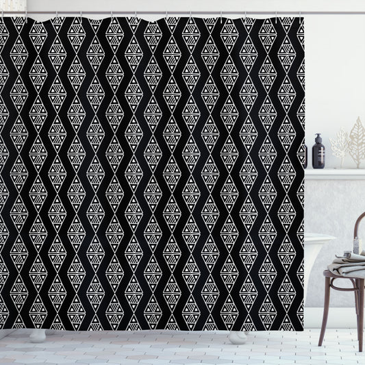 Tribal-Inspired Primitive Triangle Ikat Print Shower Curtain in Black and White