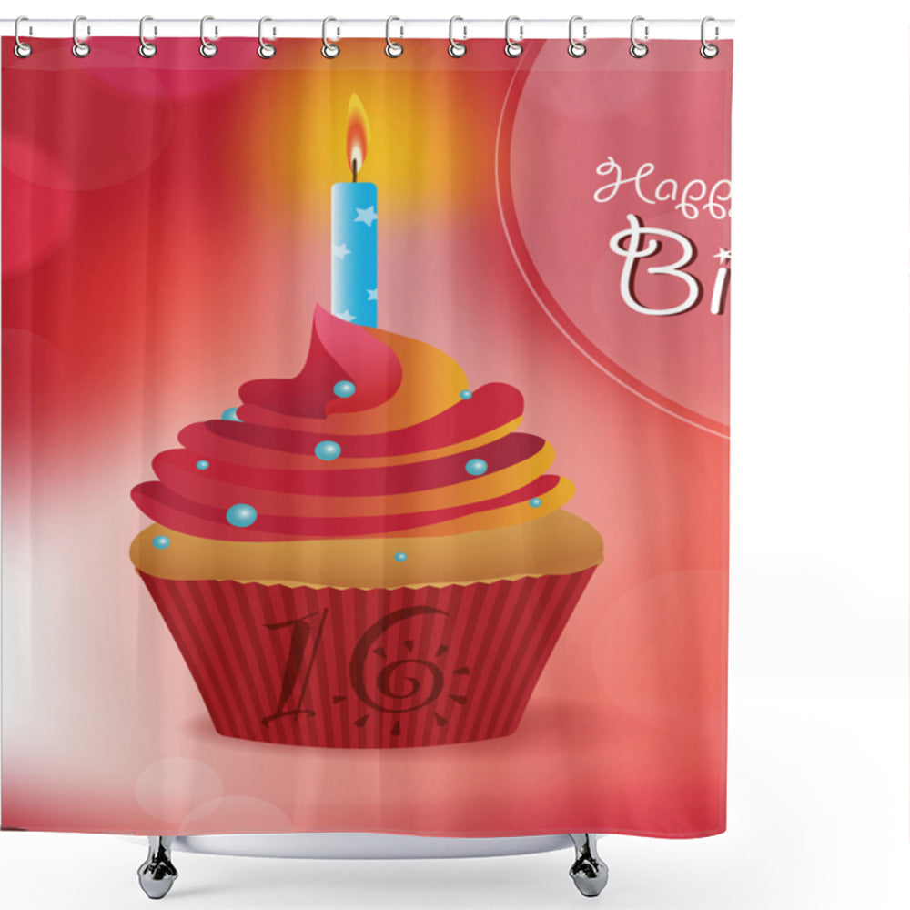 16th Birthday Celebration: Cupcake-Inspired Orange, Blue, and Red Shower Curtain Design