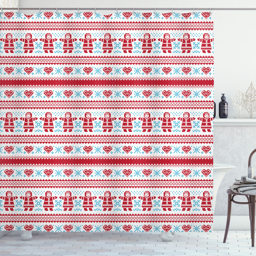 Christmas Nordic-themed Shower Curtain in Sky Blue, White, and Red