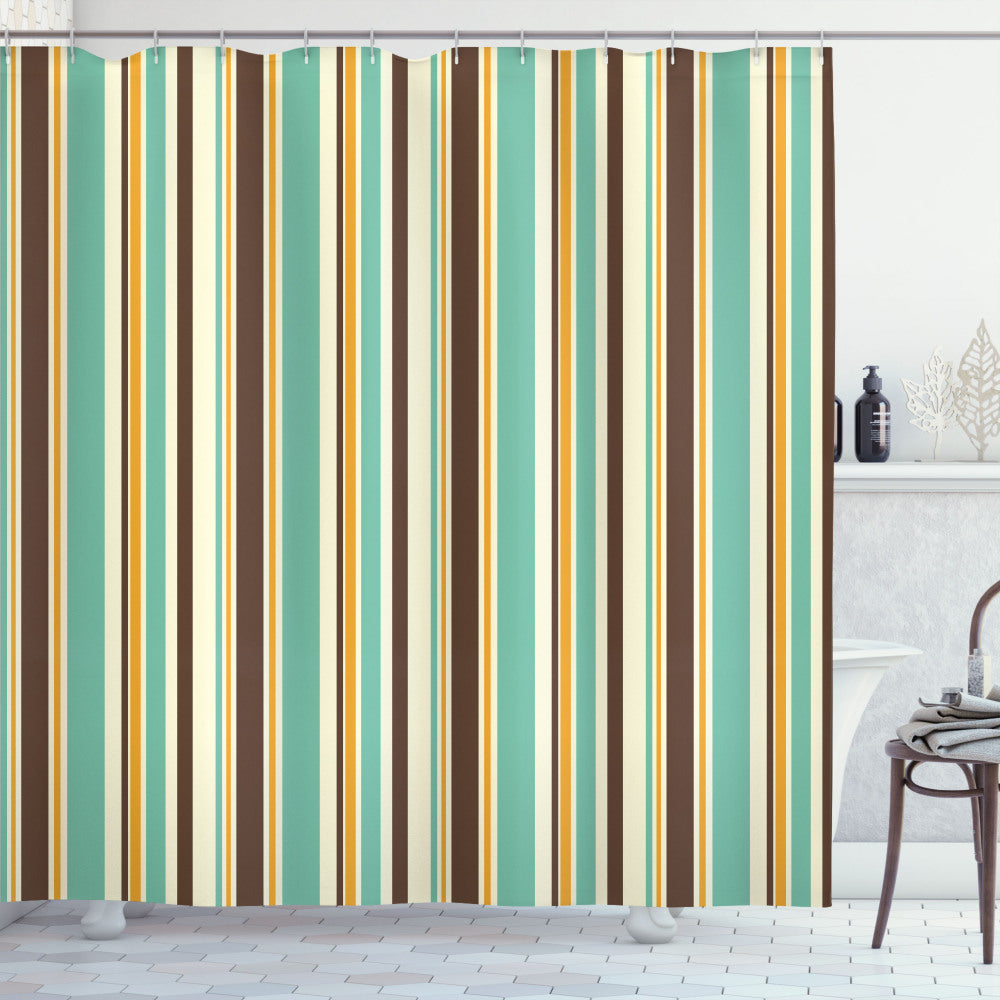 Vintage-inspired Striped Brown and Teal Bath Curtain Art