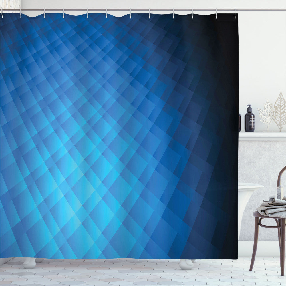 Blue Ombre Geometric Square Shower Curtain with Vibrant Shades: Sky Blue, Cobalt Blue, and Night Blue