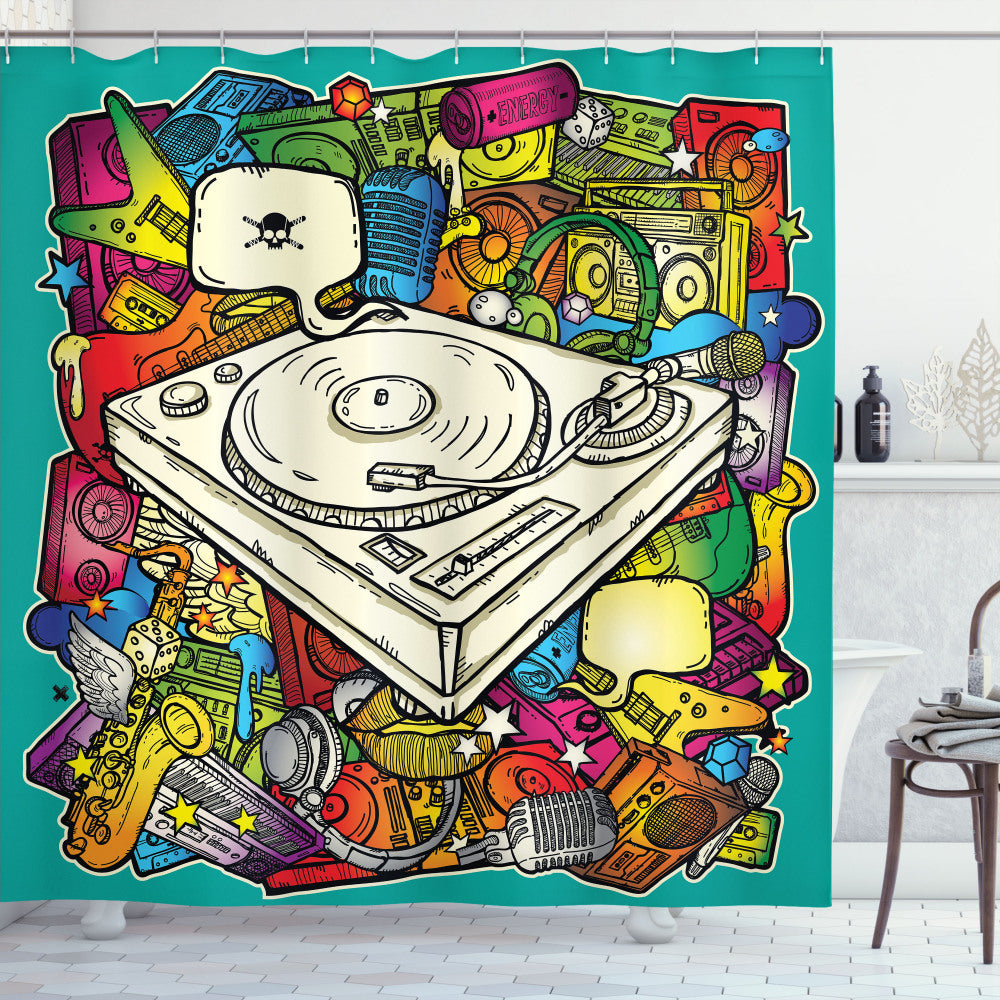 Urban Graffiti-Inspired Multicolor Cube Microphone Shower Curtain