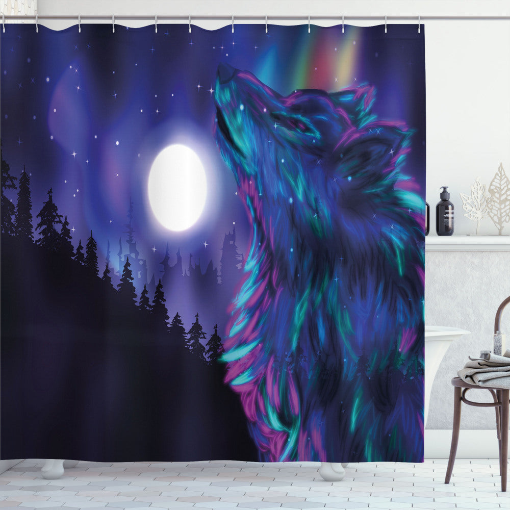 Aurora Borealis and Wolf Moon Bath Curtain in Magenta, Indigo, and Aqua