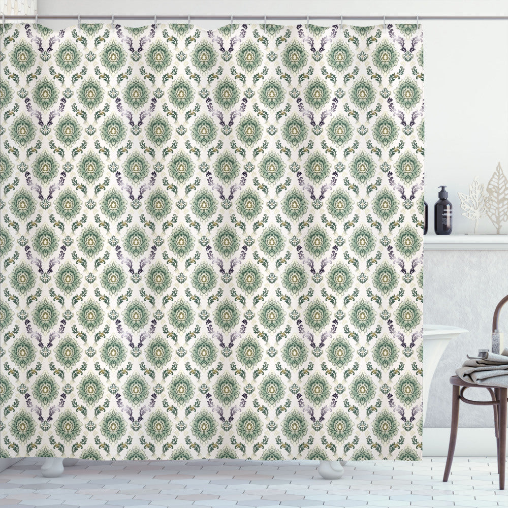 Classical Reseda Green, Eggplant, and Off White Damask Pattern Shower Curtain