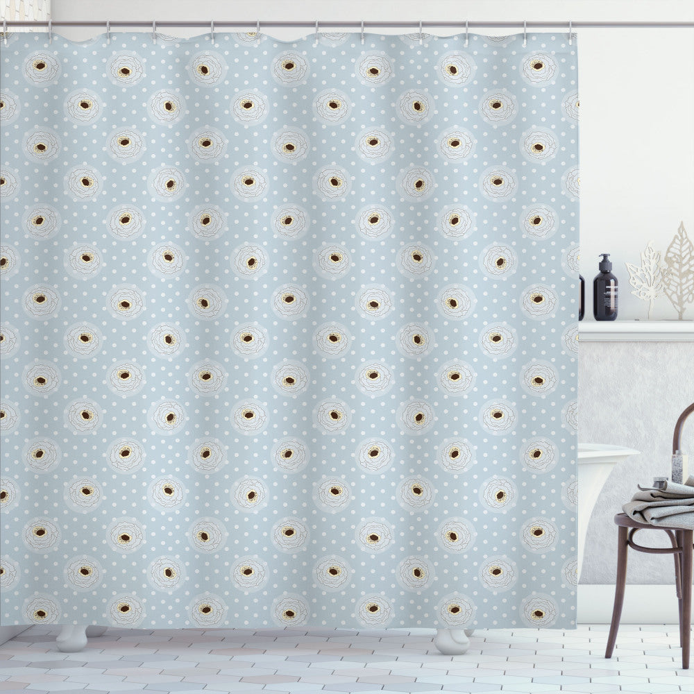 Vintage Polka Dots Shower Curtain in Soft Flora Shades of Pale Purple, Blue, Chocolate, and Cream