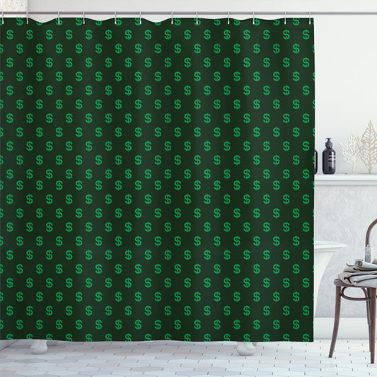 USA's Monetary Sign Featured on Money-themed Hunter Green and Lime Green Shower Curtains