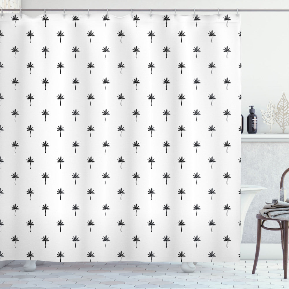 Tropical Leafage Bath Curtain in Minimalist Design with White and Black Color Scheme