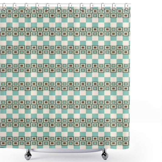 Unique Geometric Grid Design in Seafoam and Umber for Shower Curtains