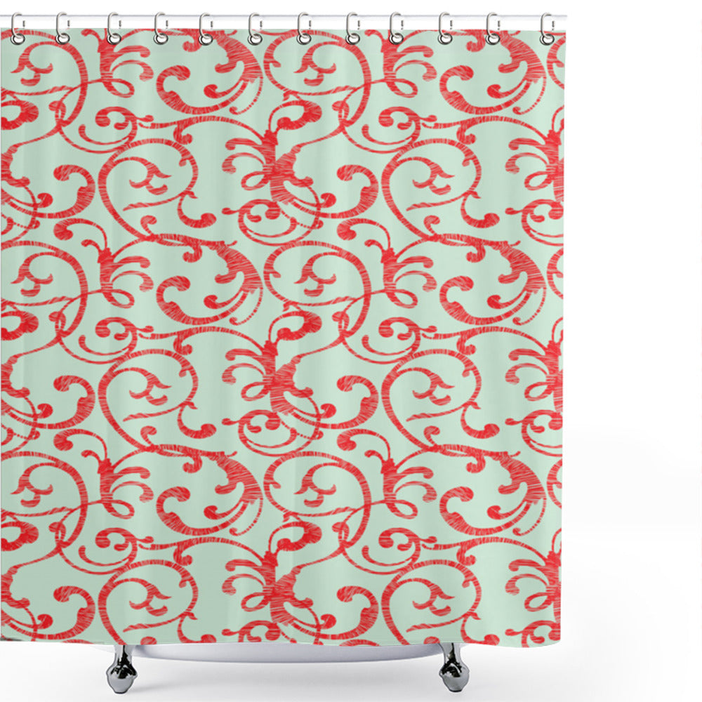 Vintage Pale Green and Red Antique Spring Motif Shower Curtain