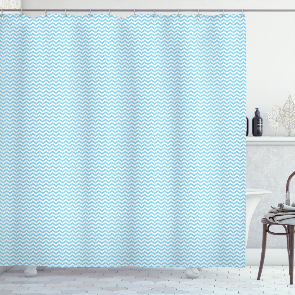 Blue and White Striped Tile Design Shower Curtain in Sky Blue and White Color Palette