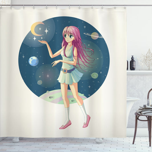 Anime Girl with Multicolor Stars in Space Shower Curtain