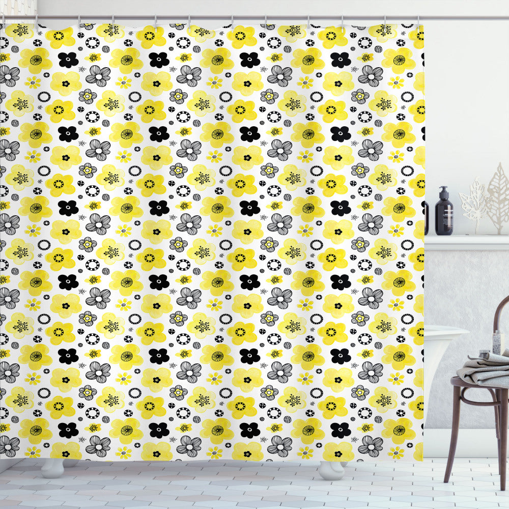 Bicolour Spring Floral Shower Curtain in Charcoal Grey, Yellow, Pastel Yellow, and White