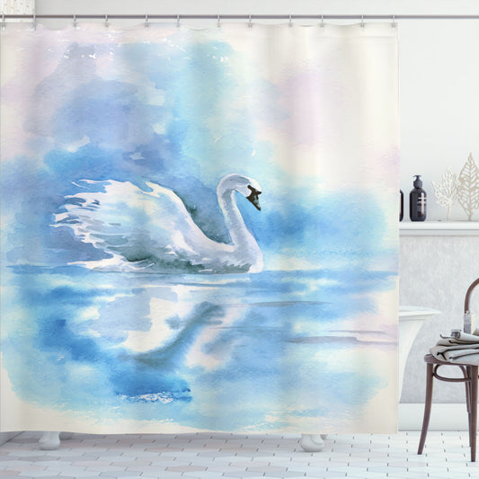 Swan White and Blue River Art Shower Curtain